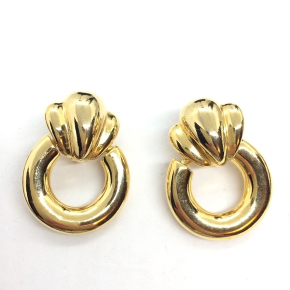 VINTAGE 80S DOOR KNOCKER CLIP ON HOOP EARRINGS GOLD TONE RUNWAY - Picture 5 of 12